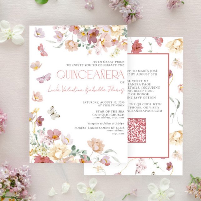 QR Elegant Blush Pink Floral Butterfly Quinceañera Invitation (Creator Uploaded)