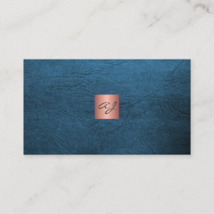 QR elegant luxury blue leather rose gold monogram  Business Card
