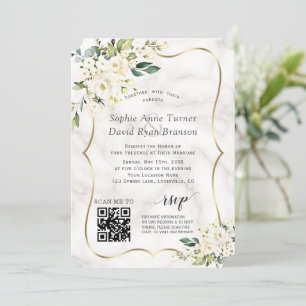 QR Elegant White Flowers Gold Marble Wedding Invitation