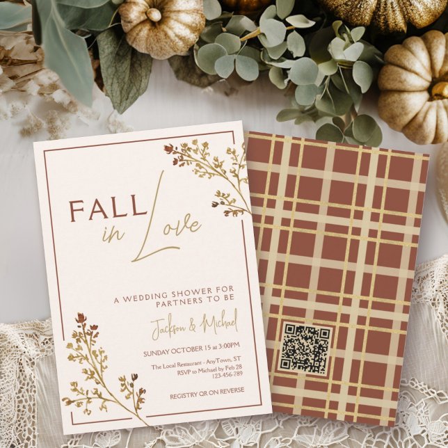 QR Fall In Love Fall Foliage Plaid Wedding Shower Invitation (Creator Uploaded)