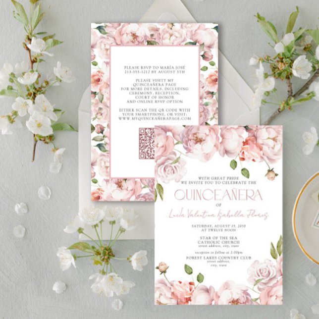 QR Formal Elegant Blush Pink Floral Quinceanera Invitation (Creator Uploaded)