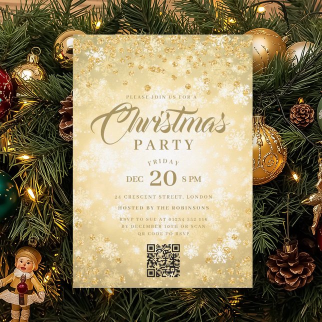 QR Gold Winter Diamonds Glitter Christmas Party Invitation (QR Gold Winter Diamonds Glitter Christmas Party Invitation)