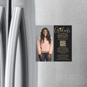 QR Graduation Black Gold Photo Announcement Magnet