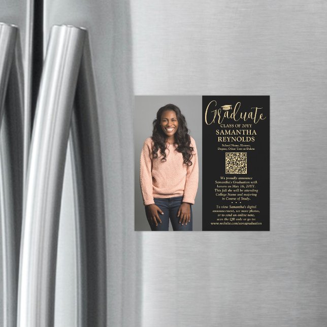 QR Graduation Black Gold Photo Announcement Magnet (Creator Uploaded)