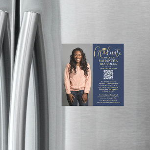 QR Graduation Navy Gold Photo Announcement Magnet