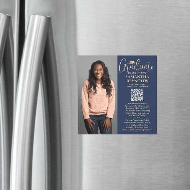 QR Graduation Navy Gold Photo Announcement Magnet (Creator Uploaded)