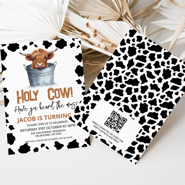 QR Highland Cow In Bucket Cow Print 1st Birthday Invitation (Highland cow holy cow first birthday invitation with black and white cow print and QR code.)