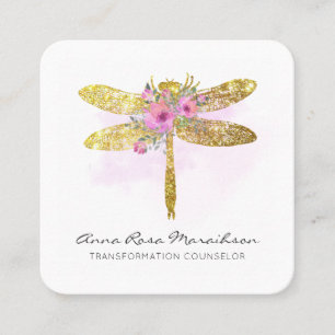 *~* QR LOGO Floral Watercolor GOLD Dragonfly Square Business Card