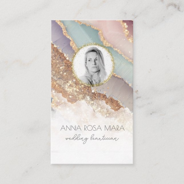 *~* QR Luxe Agate Pastel PHOTO  LOGO Gold AP66 Business Card (Front)