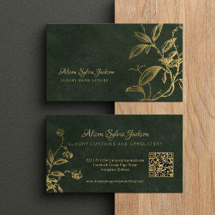 QR Luxury green elegant faux gold foil foliage Business Card