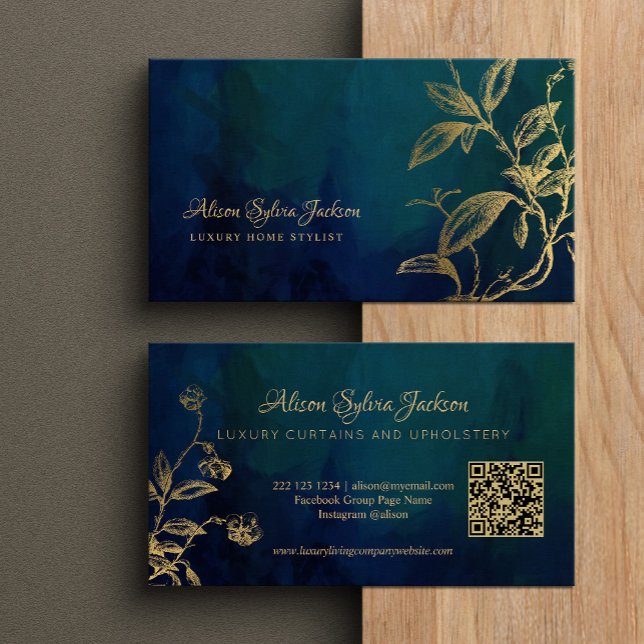 QR Luxury navy blue elegant faux gold foil foliage Business Card (Creator Uploaded)