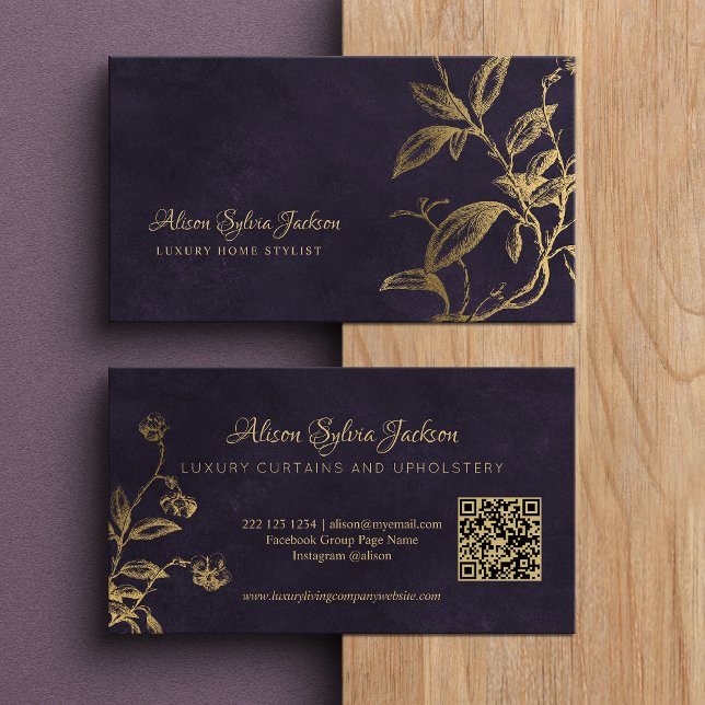 QR Luxury purple elegant faux gold foil foliage Business Card (Creator Uploaded)