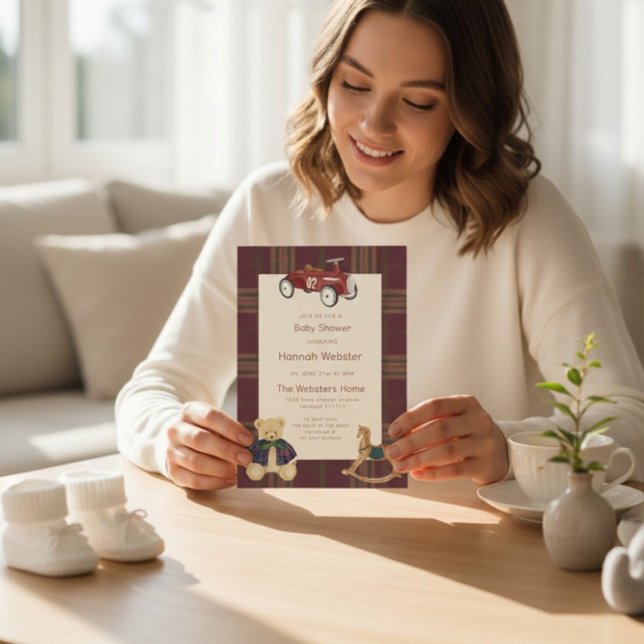QR Plaid Teddy Bear Toy Car Baby Shower Invitation (Creator Uploaded)