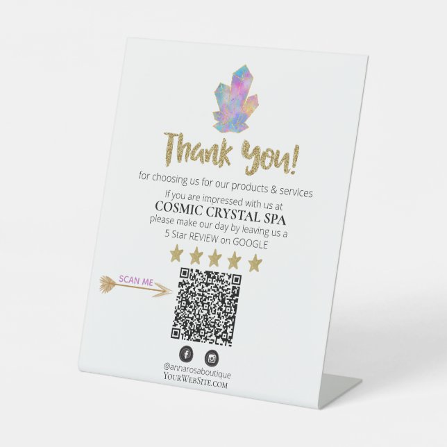 *~* QR RAINBOW CRYSTALS  Review Logo THANK YOU AP8 Pedestal Sign (Front)