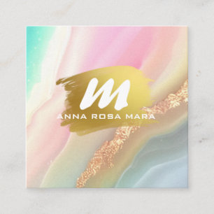 *~* QR Rainbow Pastel AP66 Gold Glitter Agate Square Business Card