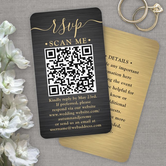 QR RSVP & Details Brushed Black & Gold Wedding Enclosure Card (Creator Uploaded)