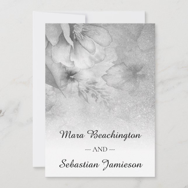*~* QR RSVP Floral Glitter Silver Grey Wedding Invitation (Front)