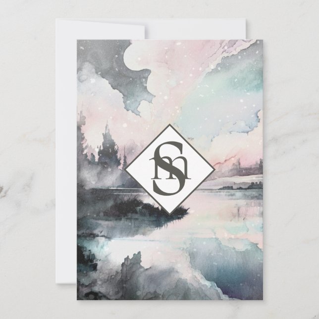 * QR Rustic AR26 Mountains Monogram RSVP Wedding Invitation (Front)