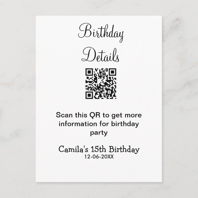 QR scan birthday party details modern 15 birthday  Postcard (Front)