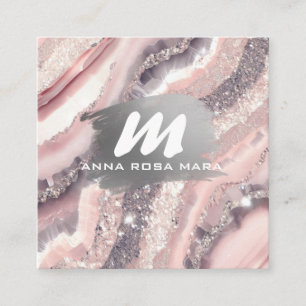 *~* QR Silver AP66 Glitter Pink Agate Square Business Card