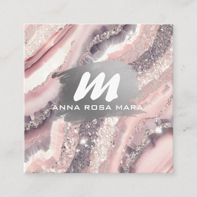 *~* QR Silver AP66 Glitter Pink Agate  Square Business Card (Front)