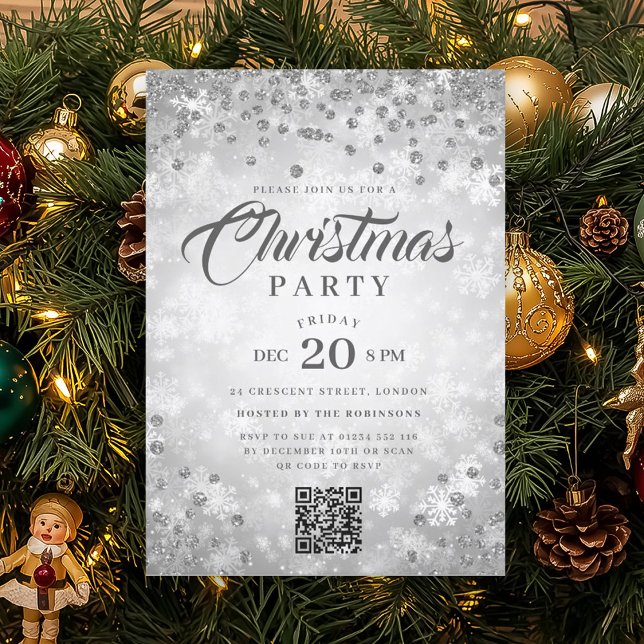 QR Silver Winter Diamonds Glitter Christmas Party Invitation (QR Silver Winter Diamonds Glitter Christmas Party Invitation)