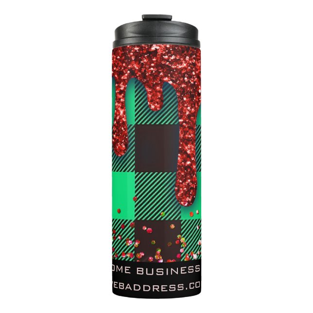*~* QR SWAG  Rustic Christmas Glitter GREEN Plaid Thermal Tumbler (Front)
