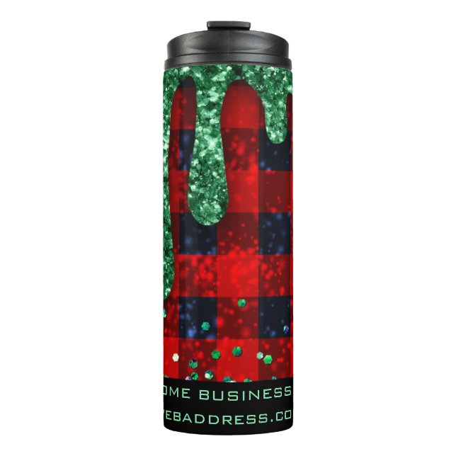 *~* QR SWAG  Rustic Christmas Green Glitter Plaid  Thermal Tumbler (Front)