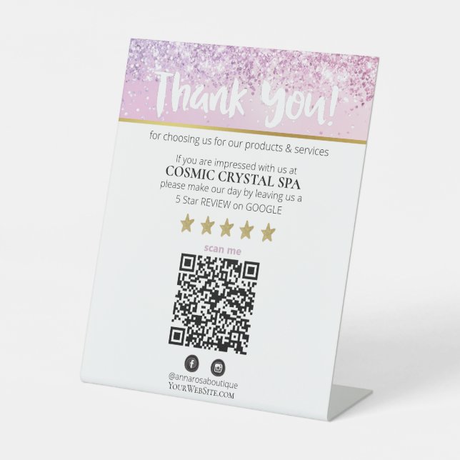 *~* QR THANK YOU REVIEW Pastel Glitter AP8 Pedestal Sign (Front)