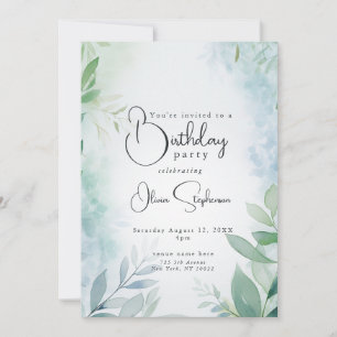 QR Watercolor Blue and Green Foliage Birthday Invitation