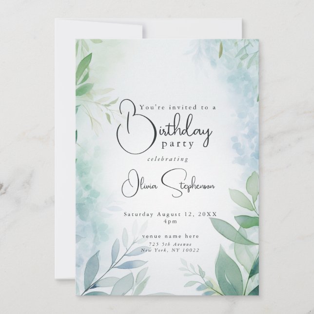 QR Watercolor Blue and Green Foliage Birthday Invitation (Front)