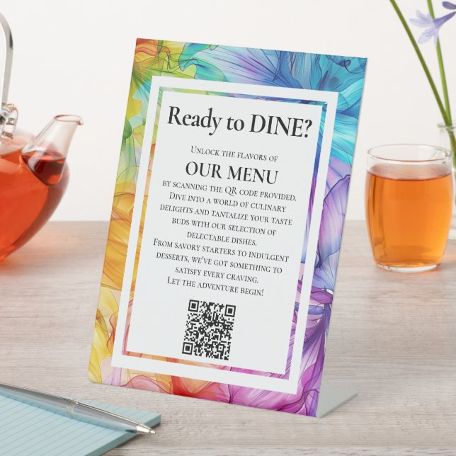 QR Wedding Menu Ethereal Bloom Pedestal Sign (In SItu)