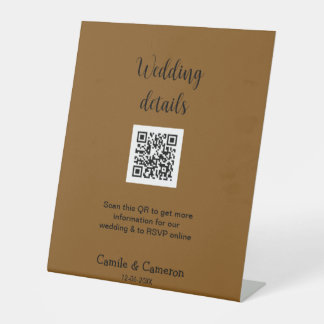 QR WEDDING WEBSITE add photoname date black white Pedestal Sign