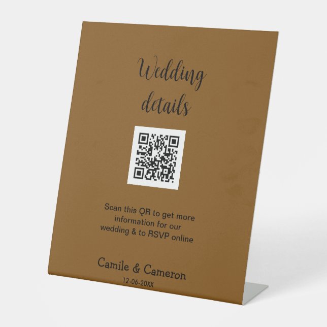 QR WEDDING WEBSITE add photoname date black white  Pedestal Sign (Front)