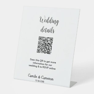 QR WEDDING WEBSITE add photoname date black white Pedestal Sign