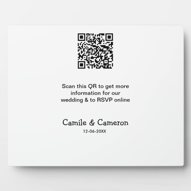 QR WEDDING WEBSITE add photoname date black white  Plaque (Front)