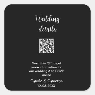 QR WEDDING WEBSITE add photoname date black white  Square Sticker