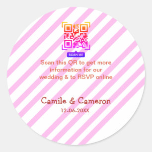 QR WEDDING WEBSITE pink stripped name date modern Classic Round Sticker