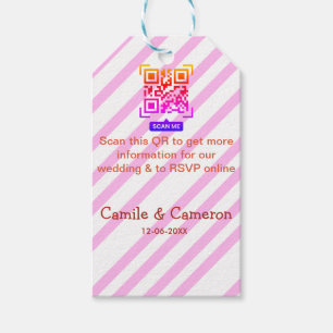 QR WEDDING WEBSITE pink stripped name date modern Gift Tags