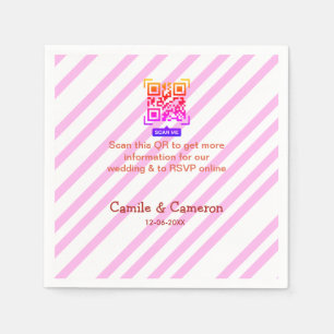 QR WEDDING WEBSITE pink stripped name date modern Napkin