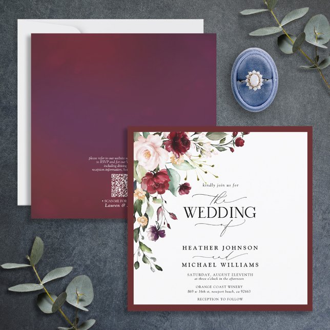 QRCode Burgundy Navy Blue Floral Watercolor Script Invitation (Creator Uploaded)