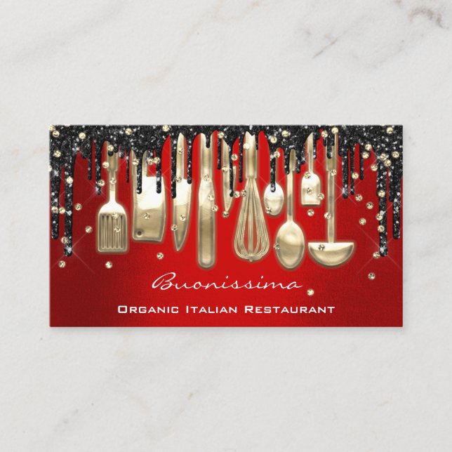 QRCode Chef Kitchen Drips Logo Knife Red Gold   Business Card (Front)