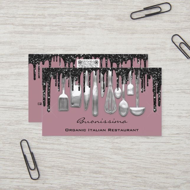 QRCode Chef Kitchen Drips Logo Knife Silver Purple Business Card (Front/Back In Situ)