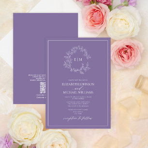 QRCode Lilac Lavender Leafy Crest Monogram Wedding Invitation
