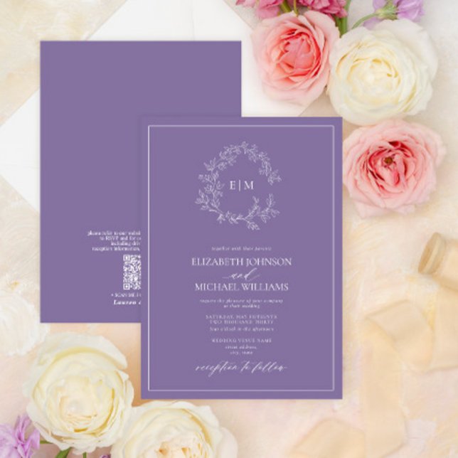 QRCode Lilac Lavender Leafy Crest Monogram Wedding Invitation (Creator Uploaded)