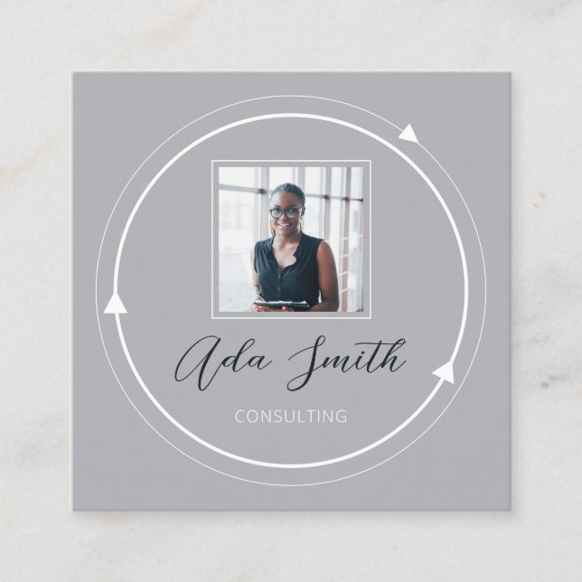 QRCode Logo Custom Custom Photo Circle Grey White Square Business Card (Front)