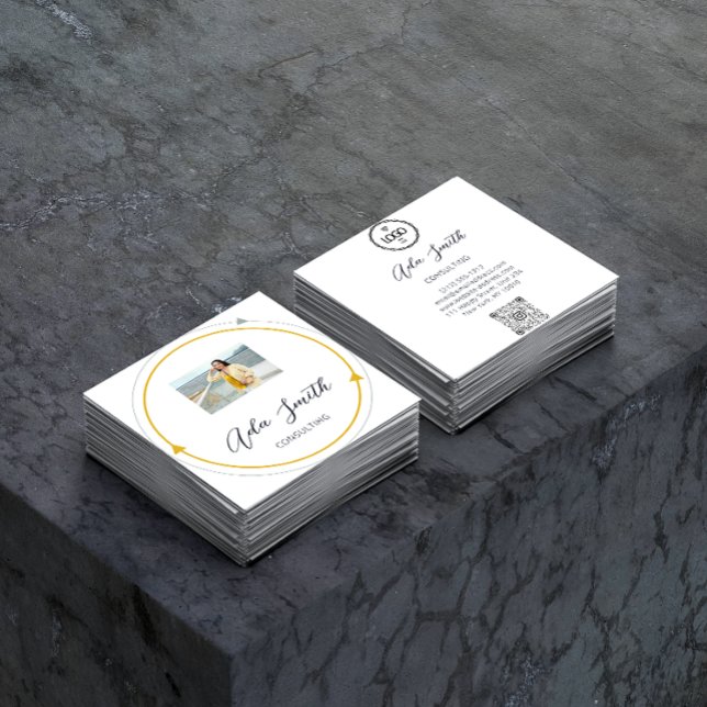 QRCode Logo Custom Custom Photo Frame Yellow White Square Business Card (Creator Uploaded)
