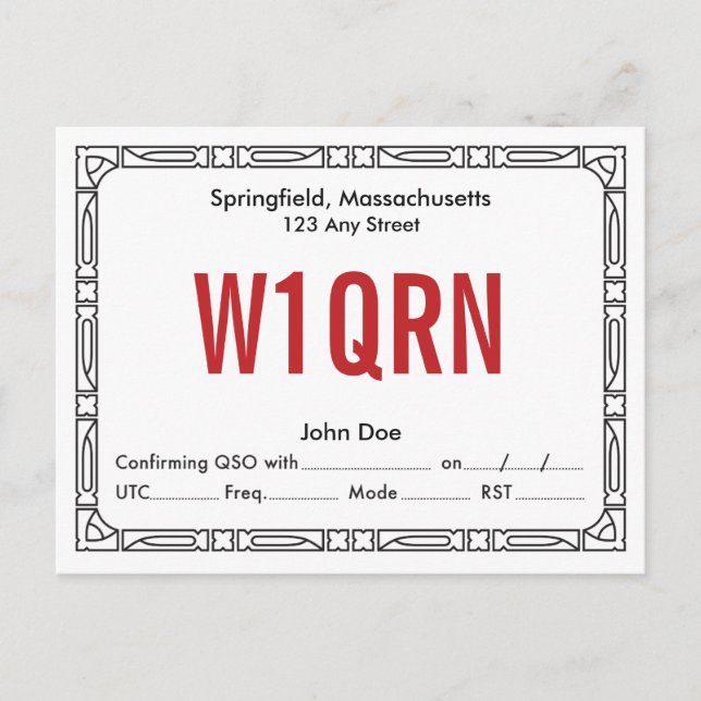 QSL Card Retro Art Deco Red Text (Front)