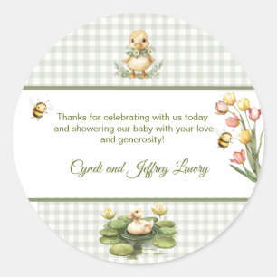 Quack! Baby Duck In Gingham Check Bow Baby Shower Classic Round Sticker