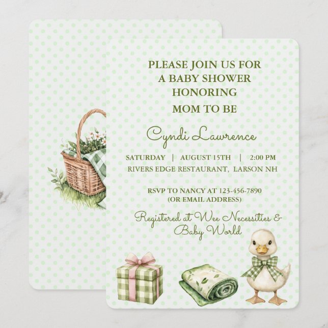Quack!  Quack! Says the Duck in Gingham Check Bow Invitation (Front/Back)